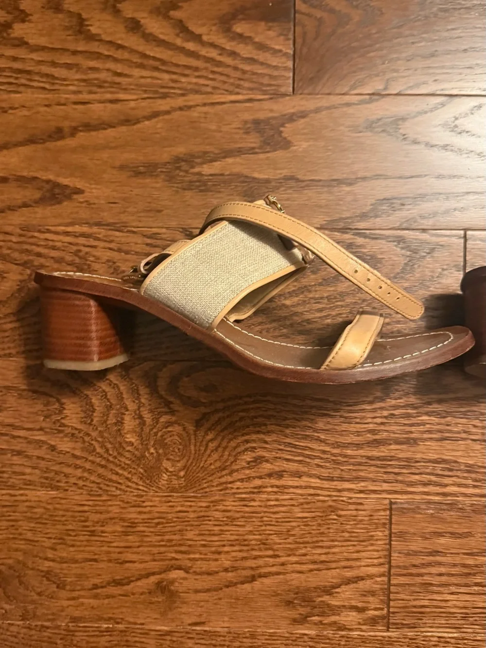 Tory Burch Tan Leather & Canvas Logo-Buckle Sandals